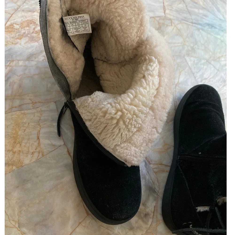 Koolaburra by UGG Black Suede Dezi Mid Calf Boots Faux Fur Lined Lace Zipper